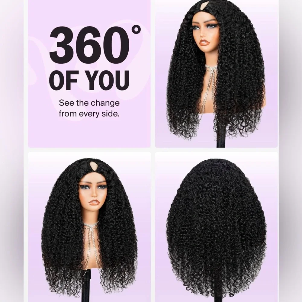 Natural Black Deep Curly Human Hair V Part 24 Inch Glueless Wig